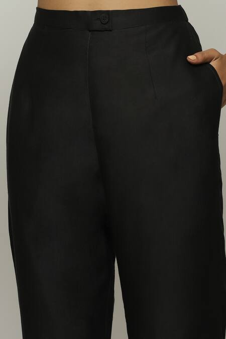 Abraham And Thakore Black Chanderi Lace Embellished Hem Trouser at Aza Fashions Abraham And Thakore_Black Chanderi Lace Embellished Hem Trouser _at_Aza_Fashions