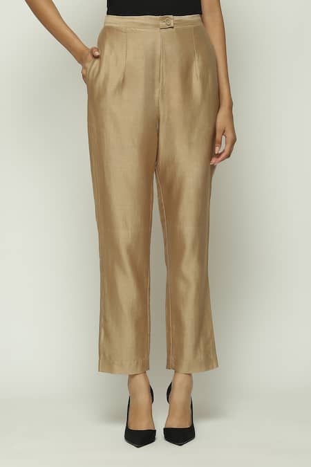 Shop Abraham And Thakore Beige Chanderi Plain Trouser at Aza Fashions Shop_Abraham And Thakore_Beige Chanderi Plain Trouser _at_Aza_Fashions