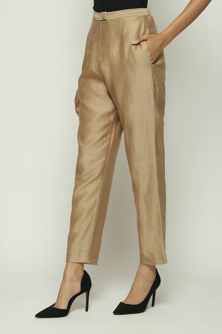 Abraham And Thakore Beige Chanderi Plain Trouser Online at Aza Fashions Abraham And Thakore_Beige Chanderi Plain Trouser _Online_at_Aza_Fashions
