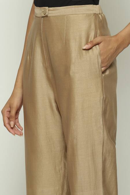 Abraham And Thakore Beige Chanderi Plain Trouser at Aza Fashions Abraham And Thakore_Beige Chanderi Plain Trouser _at_Aza_Fashions