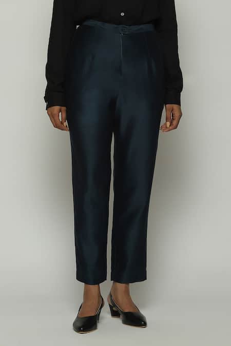 Shop_Abraham And Thakore_Blue Chanderi Plain Trouser _at_Aza_Fashions