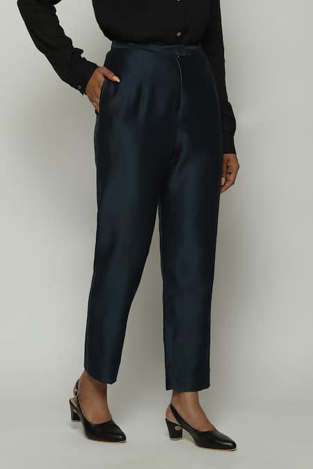 Buy_Abraham And Thakore_Blue Chanderi Plain Trouser _Online_at_Aza_Fashions