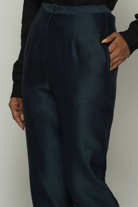 Abraham And Thakore_Blue Chanderi Plain Trouser _at_Aza_Fashions
