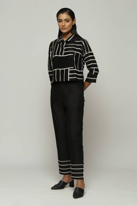 Abraham And Thakore_Black Chanderi Lace Collared Embellished Shirt_Online_at_Aza_Fashions