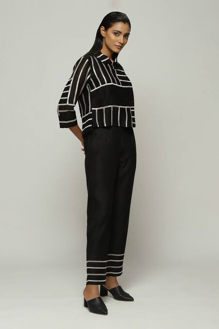 Buy_Abraham And Thakore_Black Chanderi Lace Collared Embellished Shirt_Online_at_Aza_Fashions