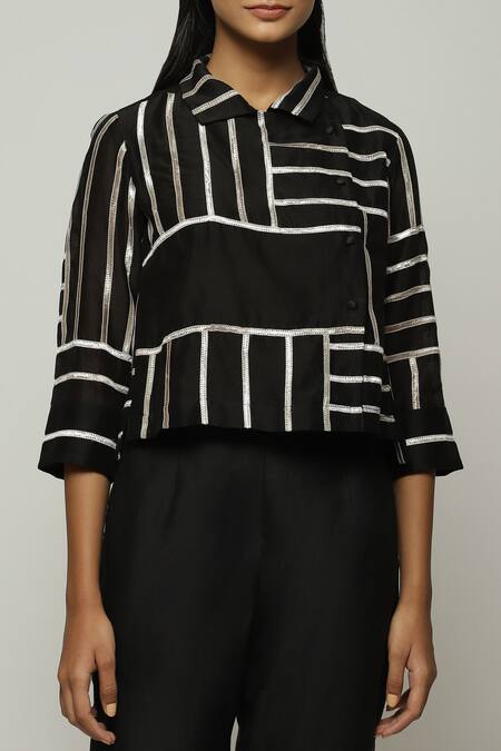 Shop_Abraham And Thakore_Black Chanderi Lace Collared Embellished Shirt_Online_at_Aza_Fashions