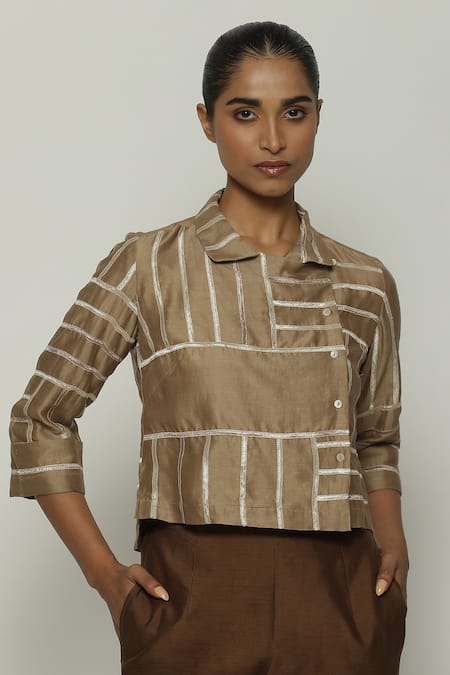 Buy_Abraham And Thakore_Beige Chanderi Lace Collared Embellished Shirt_Online_at_Aza_Fashions
