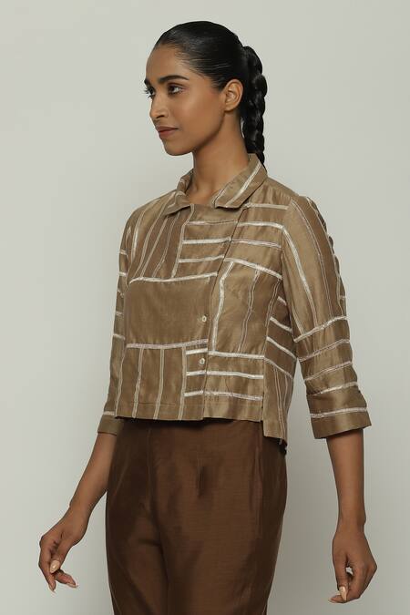 Shop_Abraham And Thakore_Beige Chanderi Lace Collared Embellished Shirt_Online_at_Aza_Fashions