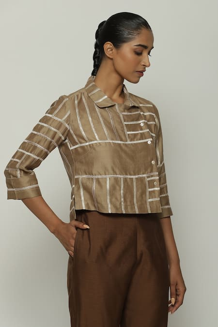 Abraham And Thakore_Beige Chanderi Lace Collared Embellished Shirt_at_Aza_Fashions