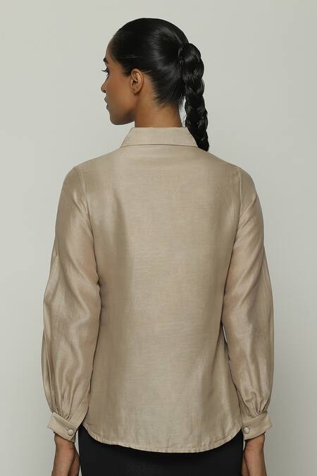 Shop Abraham And Thakore Beige Chanderi Shawl Neck Solid Shirt at Aza Fashions Shop_Abraham And Thakore_Beige Chanderi Shawl Neck Solid Shirt_at_Aza_Fashions