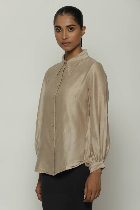 Abraham And Thakore Beige Chanderi Shawl Neck Solid Shirt Online at Aza Fashions Abraham And Thakore_Beige Chanderi Shawl Neck Solid Shirt_Online_at_Aza_Fashions