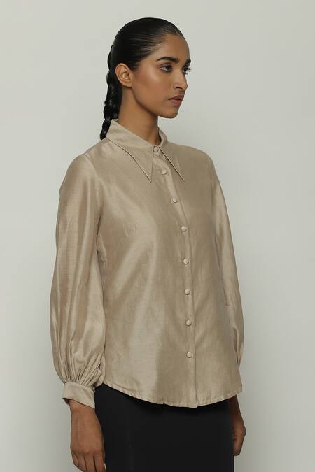 Buy Abraham And Thakore Beige Chanderi Shawl Neck Solid Shirt Online at Aza Fashions Buy_Abraham And Thakore_Beige Chanderi Shawl Neck Solid Shirt_Online_at_Aza_Fashions