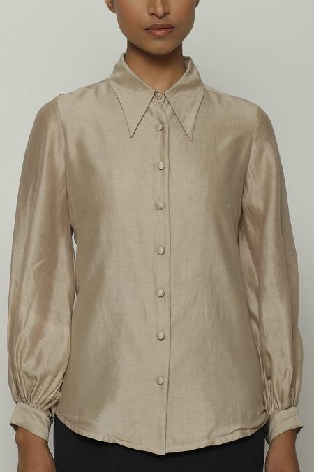 Shop Abraham And Thakore Beige Chanderi Shawl Neck Solid Shirt Online at Aza Fashions Shop_Abraham And Thakore_Beige Chanderi Shawl Neck Solid Shirt_Online_at_Aza_Fashions