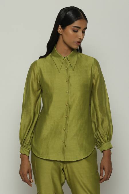 Abraham And Thakore_Green Chanderi Shawl Neck Solid Shirt_Online_at_Aza_Fashions