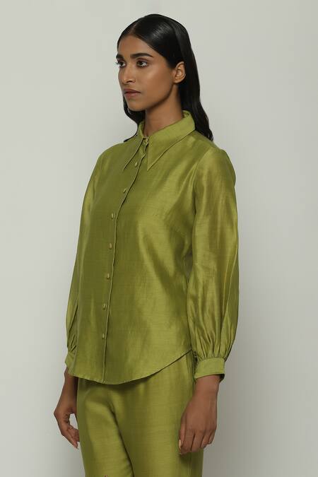 Buy_Abraham And Thakore_Green Chanderi Shawl Neck Solid Shirt_Online_at_Aza_Fashions