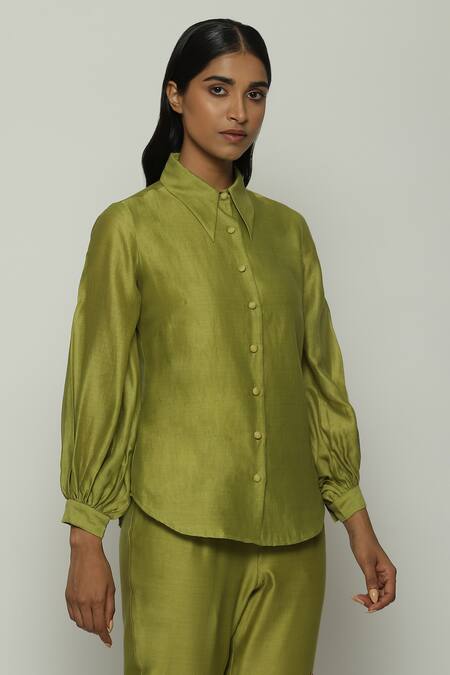 Shop_Abraham And Thakore_Green Chanderi Shawl Neck Solid Shirt_Online_at_Aza_Fashions