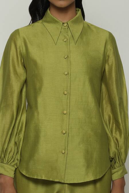 Abraham And Thakore_Green Chanderi Shawl Neck Solid Shirt_at_Aza_Fashions