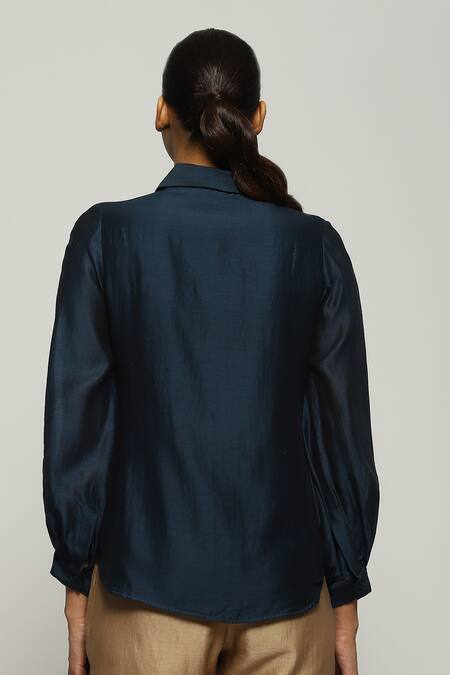 Shop Abraham And Thakore Blue Chanderi Collared Plain Shirt at Aza Fashions Shop_Abraham And Thakore_Blue Chanderi Collared Plain Shirt_at_Aza_Fashions