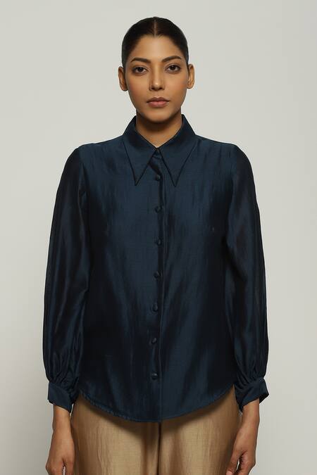 Abraham And Thakore Blue Chanderi Collared Plain Shirt Online at Aza Fashions Abraham And Thakore_Blue Chanderi Collared Plain Shirt_Online_at_Aza_Fashions