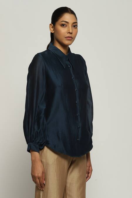 Buy Abraham And Thakore Blue Chanderi Collared Plain Shirt Online at Aza Fashions Buy_Abraham And Thakore_Blue Chanderi Collared Plain Shirt_Online_at_Aza_Fashions