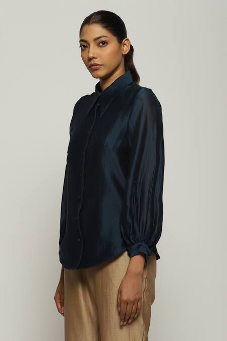 Shop Abraham And Thakore Blue Chanderi Collared Plain Shirt Online at Aza Fashions Shop_Abraham And Thakore_Blue Chanderi Collared Plain Shirt_Online_at_Aza_Fashions