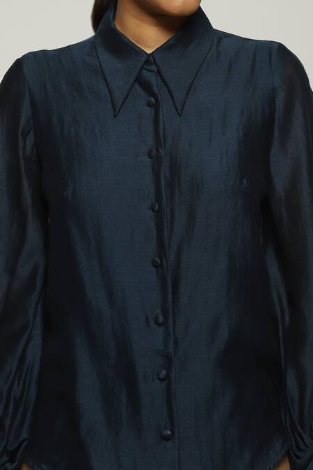 Abraham And Thakore Blue Chanderi Collared Plain Shirt at Aza Fashions Abraham And Thakore_Blue Chanderi Collared Plain Shirt_at_Aza_Fashions