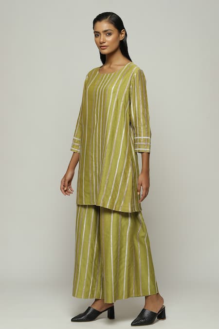 Abraham And Thakore_Green Chanderi Lace Round Neck Embellished Tunic_Online_at_Aza_Fashions