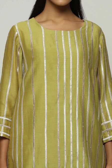 Shop_Abraham And Thakore_Green Chanderi Lace Round Neck Embellished Tunic_Online_at_Aza_Fashions