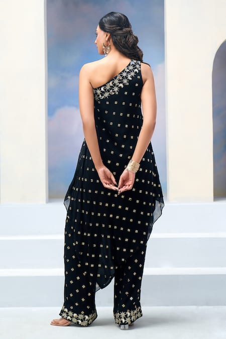 Silky Bindra X AZA_Black Georgette Sequins, Mirrors, Embroidery Asymmetric Nyx Tunic With Pant _Online_at_Aza_Fashions