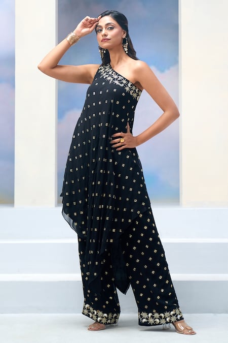 Silky Bindra X AZA_Black Georgette Sequins, Mirrors, Embroidery Asymmetric Nyx Tunic With Pant _at_Aza_Fashions