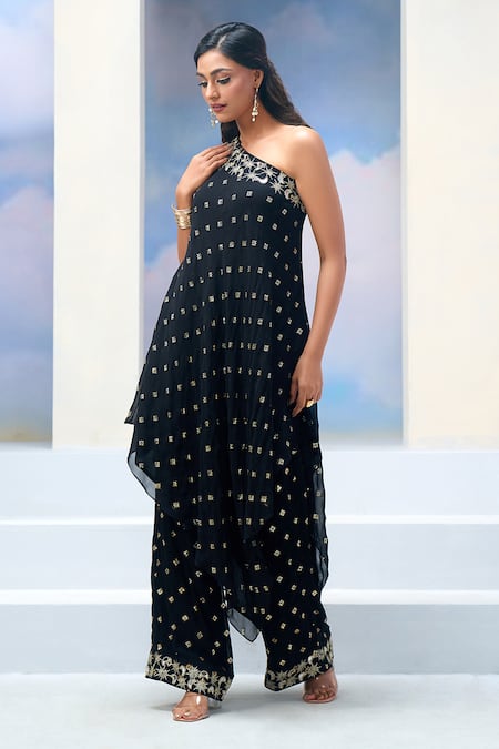Shop_Silky Bindra X AZA_Black Georgette Sequins, Mirrors, Embroidery Asymmetric Nyx Tunic With Pant 