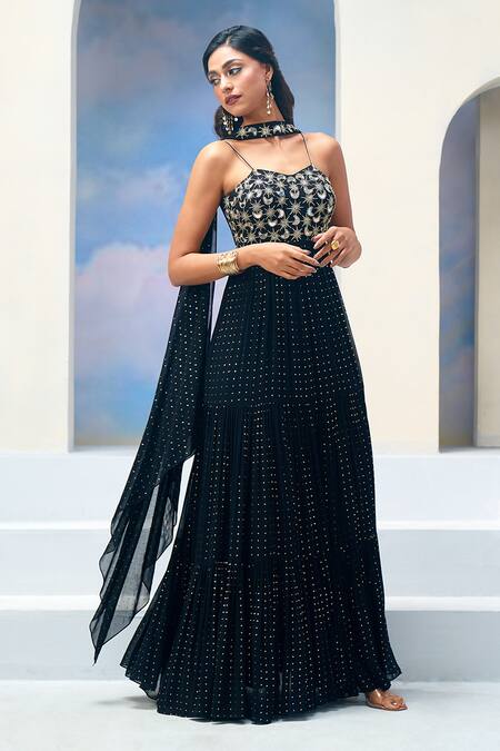Buy_Silky Bindra X AZA_Black Georgette Embroidery Sweetheart Neck Anarkali Set With Dupatta _Online_at_Aza_Fashions