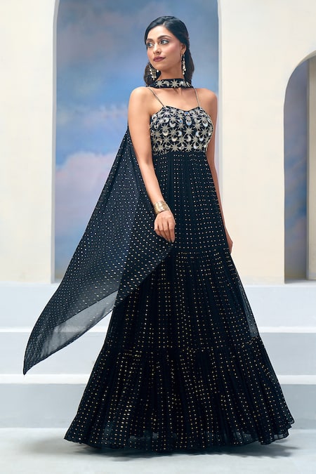 Shop_Silky Bindra X AZA_Black Georgette Embroidery Sweetheart Neck Anarkali Set With Dupatta _Online_at_Aza_Fashions