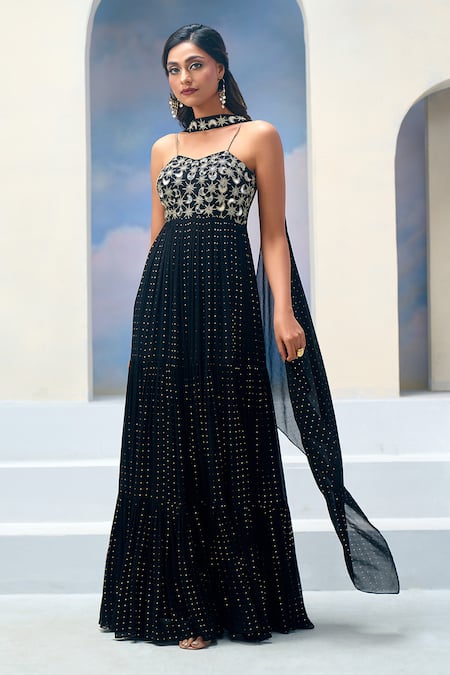 Silky Bindra X AZA_Black Georgette Embroidery Sweetheart Neck Anarkali Set With Dupatta _at_Aza_Fashions