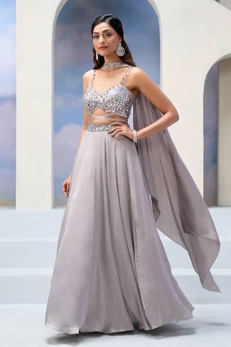 Shop_Silky Bindra X AZA_Gray Organza, Satin, Georgette Sequins Sweetheart Neck Floral Grey Lehenga Set _Online_at_Aza_Fashions