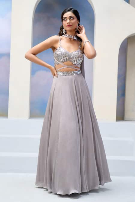 Silky Bindra X AZA_Gray Organza, Satin, Georgette Sequins Sweetheart Neck Floral Grey Lehenga Set _at_Aza_Fashions
