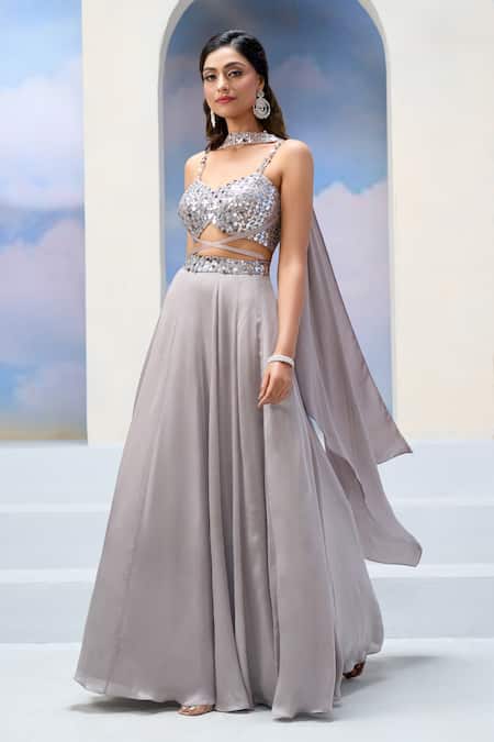 Buy_Silky Bindra X AZA_Gray Organza, Satin, Georgette Sequins Sweetheart Neck Floral Grey Lehenga Set 