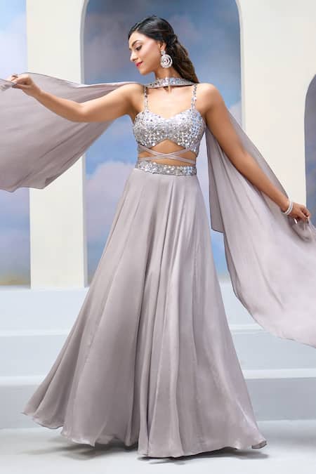 Shop_Silky Bindra X AZA_Gray Organza, Satin, Georgette Sequins Sweetheart Neck Floral Grey Lehenga Set 