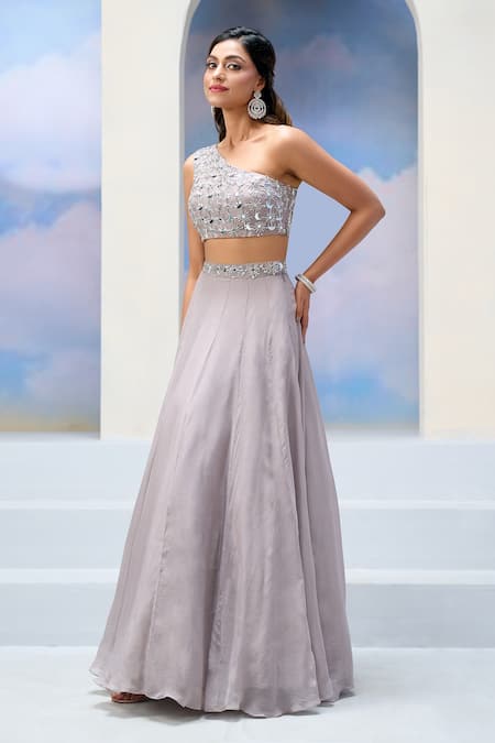 Buy_Silky Bindra X AZA_Grey Organza Sequins, Mirrors Ziya Moon And Star Embroidered Blouse With Lehenga _Online_at_Aza_Fashions