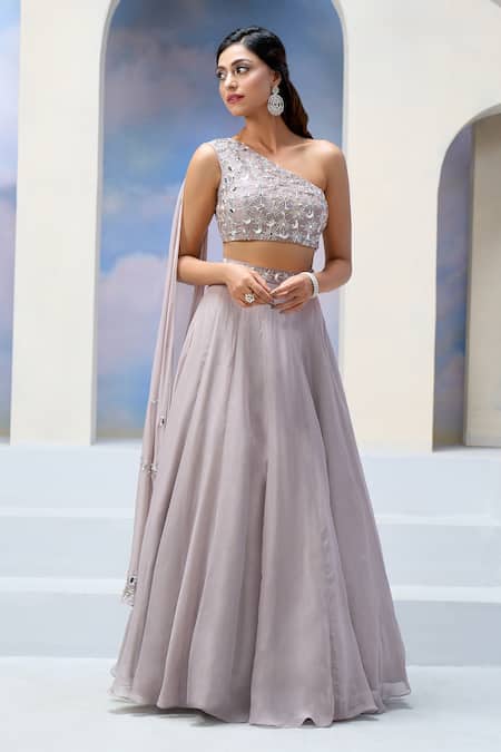 Shop_Silky Bindra X AZA_Grey Organza Sequins, Mirrors Ziya Moon And Star Embroidered Blouse With Lehenga _Online_at_Aza_Fashions