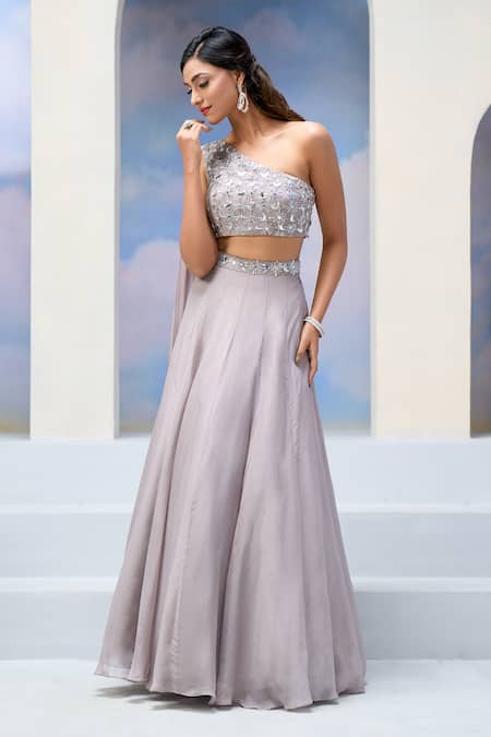 Silky Bindra X AZA_Grey Organza Sequins, Mirrors Ziya Moon And Star Embroidered Blouse With Lehenga _at_Aza_Fashions