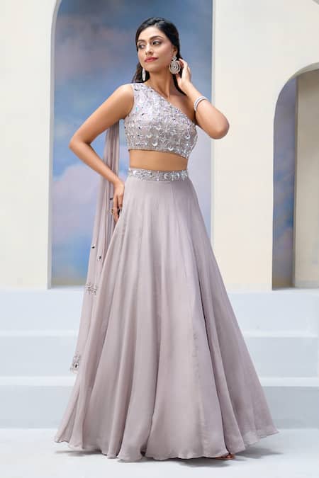 Buy_Silky Bindra X AZA_Grey Organza Sequins, Mirrors Ziya Moon And Star Embroidered Blouse With Lehenga 