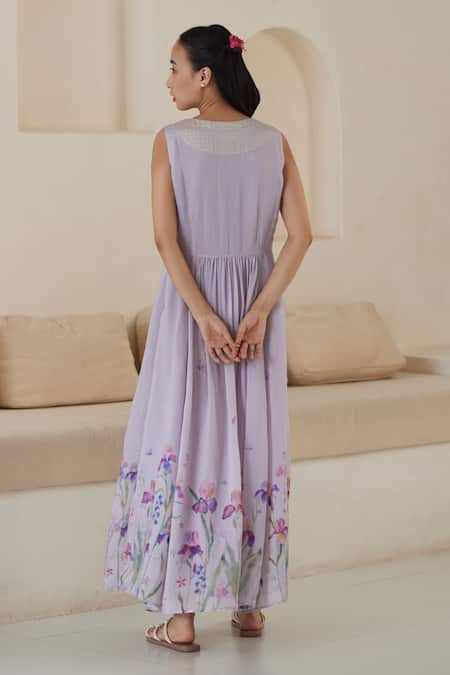 Shop Surmaye Purple Cotton, Silk, Modal V-neck Playful Surprises Iris Flower Print Dress at Aza Fashions Shop_Surmaye_Purple Cotton, Silk, Modal V-neck Playful Surprises Iris Flower Print Dress _at_Aza_Fashions