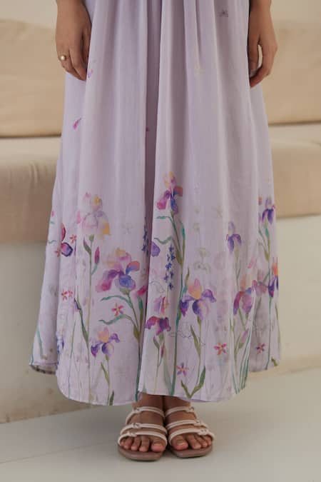 Buy Surmaye Purple Cotton, Silk, Modal V-neck Playful Surprises Iris Flower Print Dress Online at Aza Fashions Buy_Surmaye_Purple Cotton, Silk, Modal V-neck Playful Surprises Iris Flower Print Dress _Online_at_Aza_Fashions