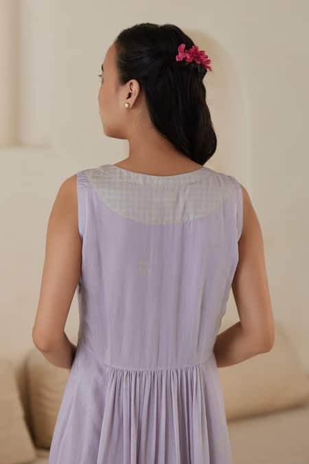 Shop Surmaye Purple Cotton, Silk, Modal V-neck Playful Surprises Iris Flower Print Dress Online at Aza Fashions Shop_Surmaye_Purple Cotton, Silk, Modal V-neck Playful Surprises Iris Flower Print Dress _Online_at_Aza_Fashions