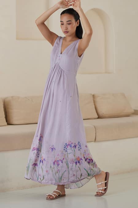 Surmaye Purple Cotton, Silk, Modal V-neck Playful Surprises Iris Flower Print Dress at Aza Fashions Surmaye_Purple Cotton, Silk, Modal V-neck Playful Surprises Iris Flower Print Dress _at_Aza_Fashions