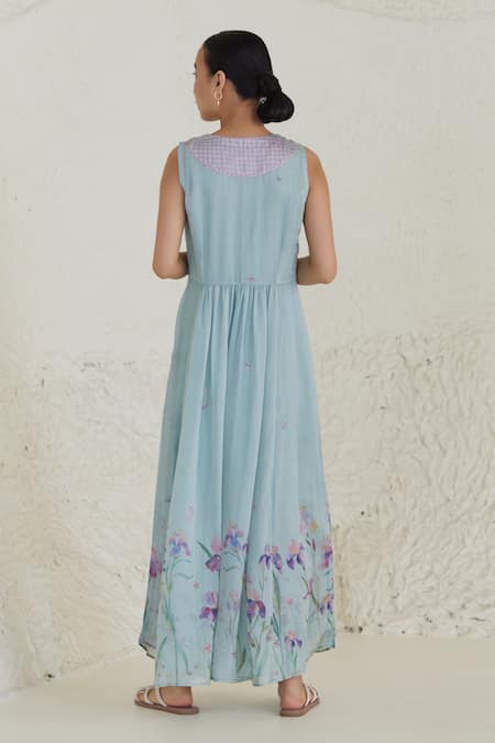 Shop Surmaye Blue Cotton, Silk, Modal V-neck Playful Surprises Flower Print Dress at Aza Fashions Shop_Surmaye_Blue Cotton, Silk, Modal V-neck Playful Surprises Flower Print Dress _at_Aza_Fashions