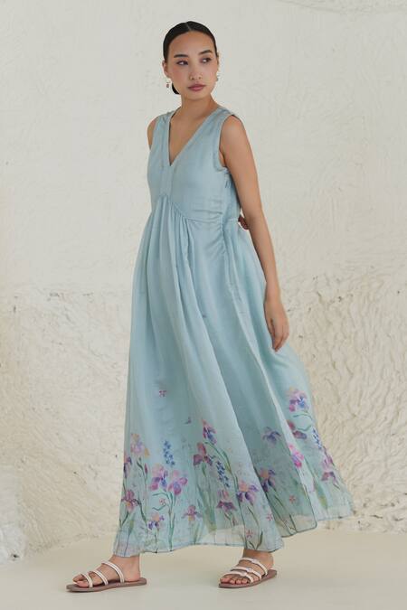 Surmaye Blue Cotton, Silk, Modal V-neck Playful Surprises Flower Print Dress Online at Aza Fashions Surmaye_Blue Cotton, Silk, Modal V-neck Playful Surprises Flower Print Dress _Online_at_Aza_Fashions