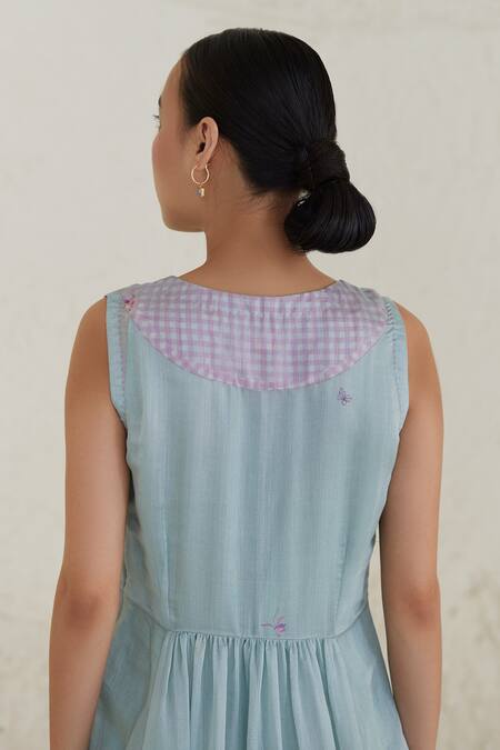 Buy Surmaye Blue Cotton, Silk, Modal V-neck Playful Surprises Flower Print Dress Online at Aza Fashions Buy_Surmaye_Blue Cotton, Silk, Modal V-neck Playful Surprises Flower Print Dress _Online_at_Aza_Fashions