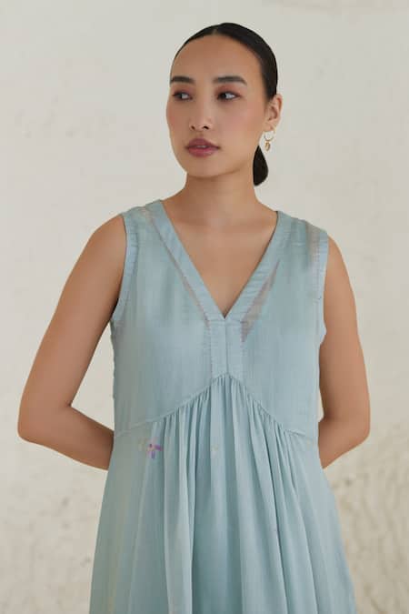 Shop Surmaye Blue Cotton, Silk, Modal V-neck Playful Surprises Flower Print Dress Online at Aza Fashions Shop_Surmaye_Blue Cotton, Silk, Modal V-neck Playful Surprises Flower Print Dress _Online_at_Aza_Fashions